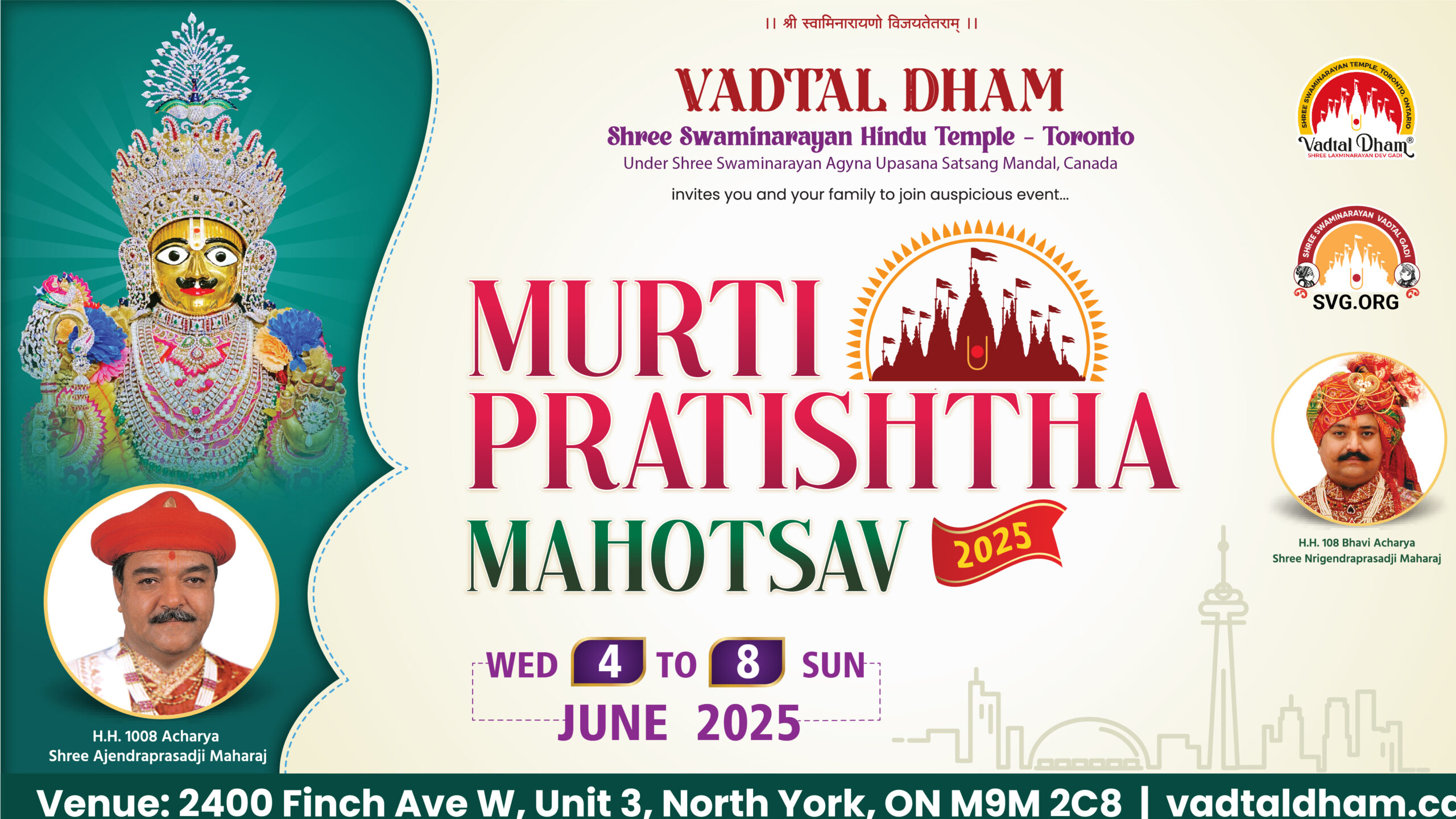 Murti Pratishtha Toronto | 4 June 2025 to 8 June 2025 @ Vadtal Dham Toronto Temple